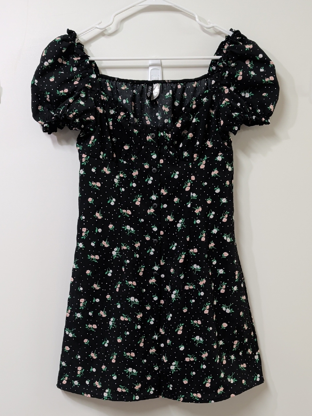 H&M Divided Black White Peach Floral Milkmaid Mini Dress Size Small